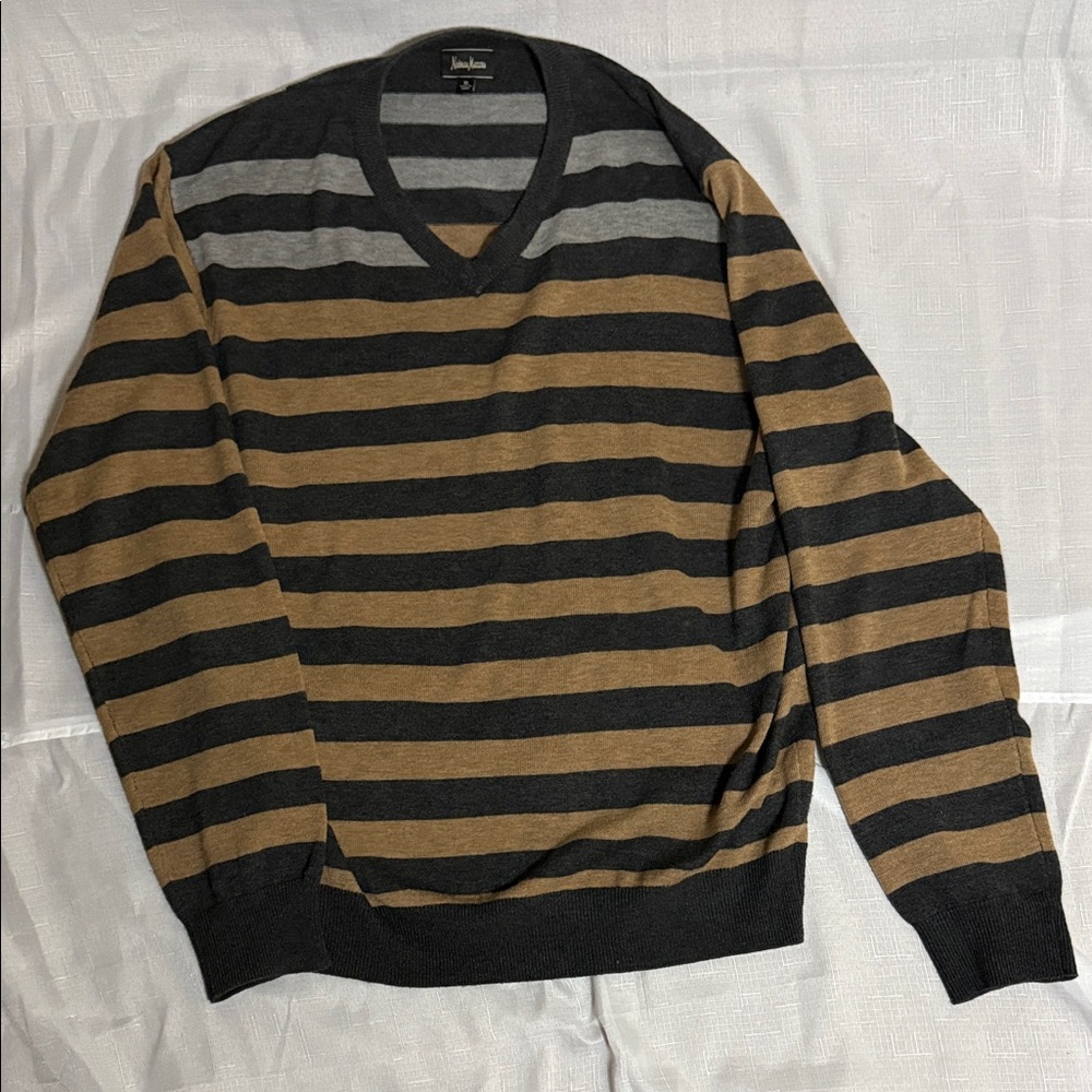 Neiman Marcus Black and Brown Striped V-Neck Sweater